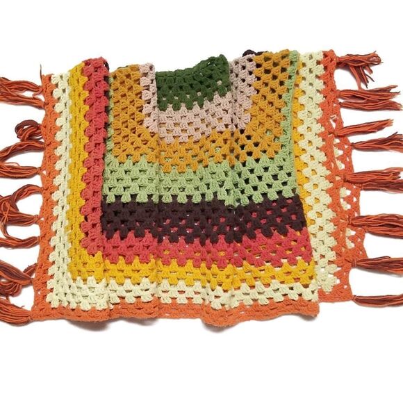 VINTAGE 1970s Handmade Crochet Fall Fringe Granny Square Afghan Throw Blanket - Picture 1 of 16